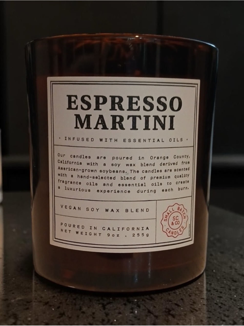 Espresso Martini Scented Candle - Amber Glass Vegan Soy Wax Blend - Picture 2 of 2